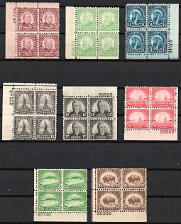 1931 Regular Issue, United States, USA, Blocks of Four (Plate Numbers, Margins, MNH)