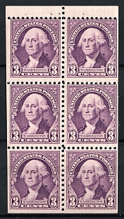 1932 3c Regular Issue, United States, USA, Booklet Pane of Six (Margin, MNH)