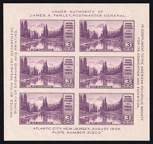 1934 3c American Philatelic Society Issue, United States, USA, Souvenir Sheet (Full Set, MNH)