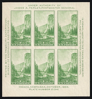 1934 1c Philatelic Exposition Issue, United States, USA, Souvenir Sheet (Full Set, MNH)