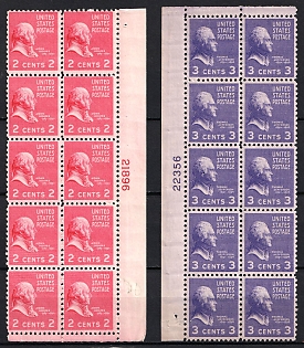 1938 Presidential Issue, United States, USA, Vertical Margin Blocks of Ten (Plate Numbers, Corner Margins, MNH)