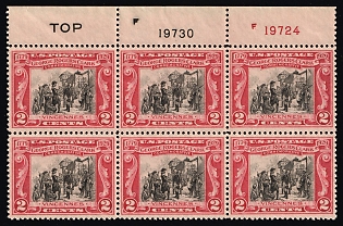 1929 2c George Rogers Clark Issue, United States, USA, Block of Six (Plate Numbers, Sheet Inscription 'TOP', Margin, MNH)