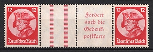 1933 12pf Third Reich, Germany, Gutter Pair, Se-tenant, Zusammendrucke (MNH)