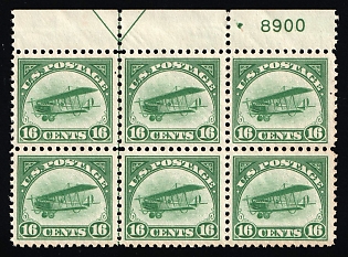 1918 16c United States, USA, Airmail, Block of Six (Certificate, Arrow, Plate Number '8900', Margin, MNH)