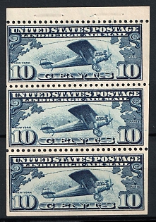1927 10c United States, USA, Airmail, Booklet Pane of Three (Full Set, Margin, MNH)