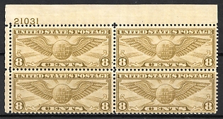 1932 8c United States, USA, Airmail, Block of Four (Plate Number '21031', Margin, MNH)