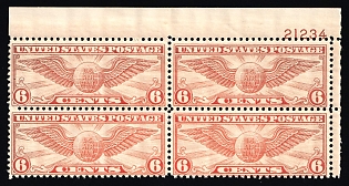 1934 6c United States, USA, Airmail, Block of Four (Full Set, Plate Number '21234', Margin, MNH)