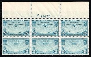 1934 25c Transpacific Isuue, United States, USA, Airmail, Block of Six (Full Set, Plate Number '21475', Margin, MNH)