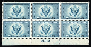 1934 16c United States, USA, Airmail, Special Delivery, Block of Six (Full Set, Plate Number '21313', Margin, MNH)