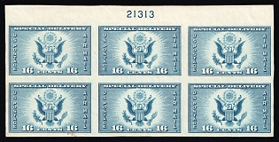 1934 16c Special Printing, United States, USA, Airmail, Special Delivery, Block of Six (Full Set, Plate Number '21313', Imperforate, Margin)