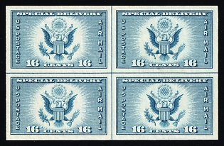 1934 16c Special Printing, United States, USA, Airmail, Special Delivery, Central Line Block of Four (Full Set, Imperforate, MNH)