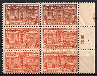 1925 15c United States, USA, Special Delivery Stamp, Block of Six (Plate Number '16835', Margin, MNH)