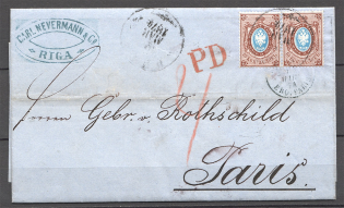 1874 Russia Cover 2x10 Kop (Riga - Paris, France)