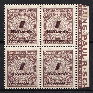 1923 1Mrd Weimar Republic, Germany, Block of Four (Thick '1')