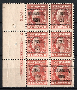 1914 6c Columbus, Ohio Bureaus Precancel, United States, USA, Block of Six (Sheet Inscription, Plate Number '5430')