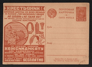 1930 'Peasant! Skin all the dead pigs...' 5k Propaganda Postal Stationery Postcard, Mint, Soviet Union, USSR, Russia
