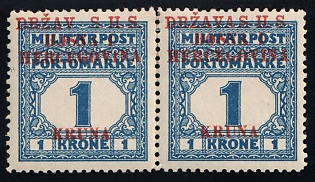 1918 1kr Yugoslavia, Issued for Bosnia and Herzegovina, Official Stamps, Pair (Strpic 12 TP-III, Missing 'A' in the DRZAVA, Certificate)
