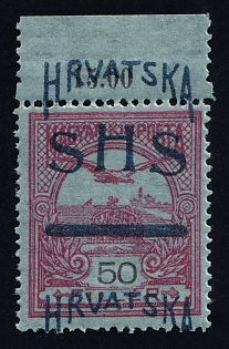 1918 50f Yugoslavia, Issued for Croatia (Strpic 22 var, SHIFTED Overprint, Margin, Plate Number, Certificate, MNH)
