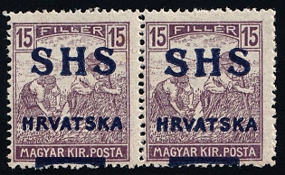 1916-18 15f Yugoslavia, Issued for Croatia, Pair (Strpic 6 var, SHIFTED Overprints, Certificate, MNH)