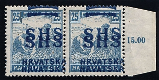 1916-18 25f Yugoslavia, Issued for Croatia, Pair (Strpic 8 SP-II, DOUBLE Overprints, Margin, Plate Number, Certificate, MNH)