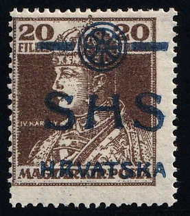 1918 20f Yugoslavia, Issued for Croatia (Strpic 24 var, Blue Overprints Instead of Black, Certificate)
