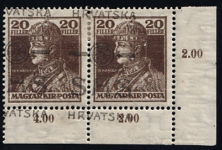 1918 20f Yugoslavia, Issued for Croatia, Pair (Strpic 24 var, SHIFTED Overprints, Corner Margin, Plate Number, Certificate)