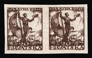 1919 20f Yugoslavia, Issued for Croatia, Pair (Strpic 42 var, DOUBLE Printing, OFFSET, Certificate)