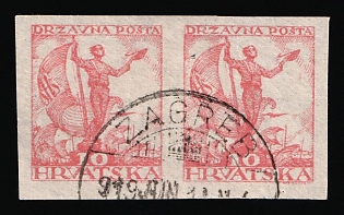 1919 10fil Yugoslavia, Issued for Croatia, Pair (Strpic 41 NZ, Imperforate, Certificate, Used)