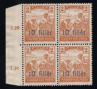1919 10f Timisoara, Hungary, Serbian Occupation, Block of Four (Combined Types of Overprints Type I + Type III, Margin, Plate Number, Certificate, MNH)