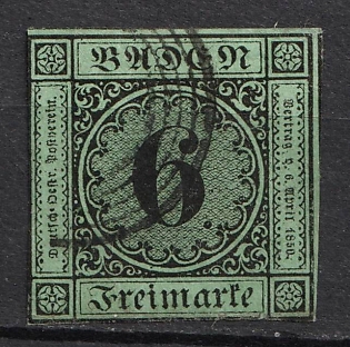 1851 6kr Baden, German States, Germany (Used)