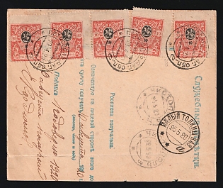 1920 SOUTHERN ARMY Money transfer form sent from Petrovsk (Dagestan) to Maly Tolkish, near Chistopol (Kazan Province). Well franked for 50 rub (5x10rub) 'United Russia' imperforated stamps. Clear cancellations of Petrovsk, Chistopol, and Maly Tolkish. Exhibition-quality item