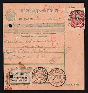 1920 SOUTHERN ARMY Money transfer form sent from Jivotov (Kiev Province) to Lebedyan’ (Tambov Province). Single franking for 20 rub (4x5rub) 'United Russia' imperforated stamp. Different cancellations of Jivotov and Lebedyan’ on reverse