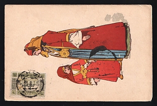 1921 AZERBAIJAN Postcard sent from Baku to Tiflis (Georgia). Single franking on the pictorial side with the Azerbaijan stamp of 10 rub with the cancellation of Baku. As well as cancellations of Baku with 3 triangles as a hidden mark of perlustration and arrival postmark of Tiflis rare period of use. Exhibition quality. RARE