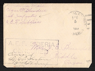1918 FOREIGN FORCES IN RUSSIA. Military mail sent 05.11.1918 by an American soldier from the US Postal Agency in Siberia to Riddle (USA). Rectangular mark of Military Censorship. 4 cancellations known so far. RARE