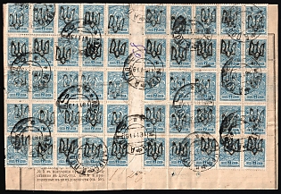 1919 (18 Nov) 7k Podolia Type 1 (1 a), Ukrainian Tridents, Ukraine, Sheet on piece (SHIFTED Overprints, Murafa Postmarks, Unpriced, CV $---)