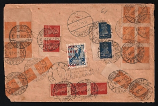 1923 R.S.F.S.R. Cover of international registered mail sent from Moscow to Lodz (Poland). Franked of `golden standard` stamps for amount of 50k with `philatelic exchange` stamp. Warsaw transit postmark and arrival mark of Lodz on reverse
