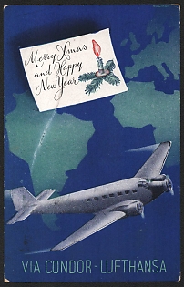 1938 'Merry Xmas and Happy New Year. Via Condor-Lufthansa' Airplane Nazi Propaganda Postcard