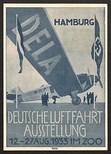 1933 'Hamburg German Aviation Exhibition, August 12-27, 1933, at the Zoo' Airplane Nazi Propaganda Postcard