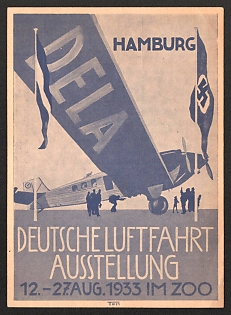 1933 'Hamburg German Aviation Exhibition, August 12-27, 1933, at the Zoo' Airplane Nazi Propaganda Postcard