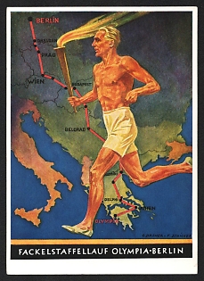1936 'Torch Relay Race Olympics-Berlin' Nazi Propaganda Postcard