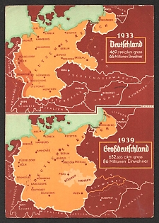 1939 '1933 Germany 469,799 Km², 65 Million Inhabitants. 1939 Greater Germany 632,603 Km² Area 86 Million Inhabitants' Nazi Propaganda Postcard