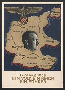 1938 'March 13, 1938 One People One Reich One Fuhrer' Nazi Propaganda Postcard