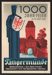 1933 '1000 Years Celebration 9-17 September 1933. Sangermunde Bridge Inauguration Grete Minde Festival Swedish Storm Holy Spirit and Youth Meeting Sports Festivals' Nazi Propaganda Postcard