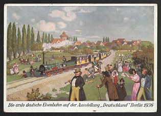 1936 'The First German Railway at the Exhibition, 'Germany' Berlin 1936' Nazi Propaganda Postcard