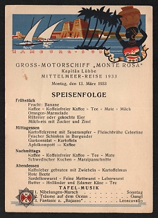 1933 'Large Motor Ship Monte Rosa Captain Lubbe Mediterranean Voyage 1933' Nazi Propaganda Postcard