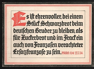 1934 'It is more Honorable to Stay with Your German Brother for a Piece of Black Bread Than to Be a Surrogate Frenchman Despised Even by the French for Sugar Bread' Nazi Propaganda Postcard