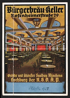 1937 'Burgerbrau-Keller, Rosenheimerstrabe 29. Munich's Largest and Most Beautiful Hall, a Stronghold of the Nazi Party' Nazi Propaganda Postcard