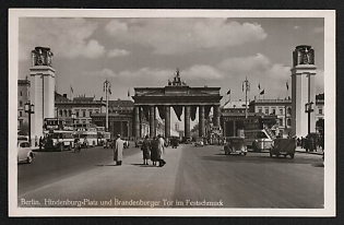 1933-1945 'Berlin. Hindenburg Square and Brandenburg Gate in Festive Decorations' Nazi Propaganda Postcard
