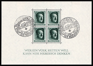 1937 (20 Apr) 'Nuremberg - the City of the Reichsparteiral Rally. Birthday of the Führer', Third Reich, Germany, Souvenir Sheet (Commemorative Postmarks)
