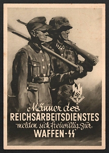 1933-1945 'Men of the Reich Labor Service Volunteer for Weapons' Waffen SS Nazi Propaganda Postcard
